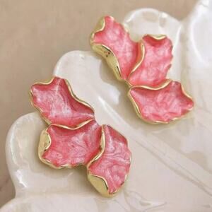 Pink Enamel and Gold Flower Earrings